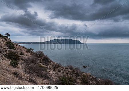 View On Meganom Cape From Cape Alchak In Cloudy Weather In Spring. Crimea