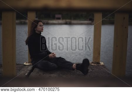Bullying Teen Girl Aloofness Young Detachment A Lonely Helpless Woman Thinks She Sits In Black Cloth