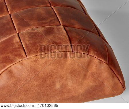 Hand-stitched Semi-cylindrical Footstool From Patches Of Terracotta Leather