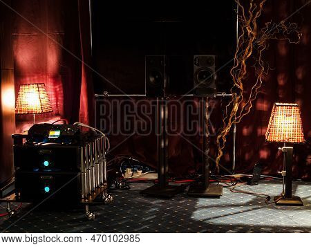Moscow, Russia - May 23, 2021: Audio Equipment Of Pmc And Chord Firms In The Dark Room Of The Borodi