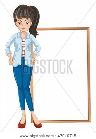 ภาพของหญิงสาวคนหนึ่งยืนอยู่กับ blankboard ที่ด้านหลังบนพื้นหลังสีขาว