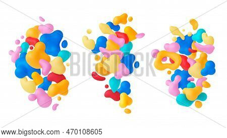 Liquid Shapes 3d Abstract Compositions. Colorful Plastic Or Plasticine Blobs And Drops. Multicolor B