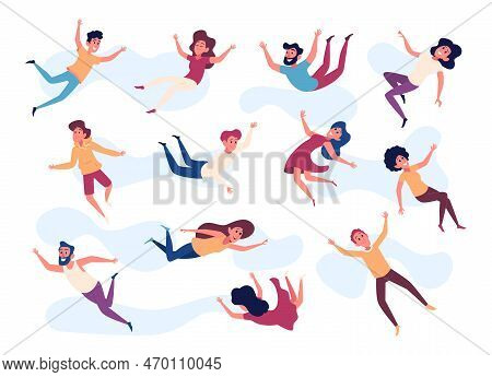 Flying Characters. Happy Dreaming People Falling In Action Poses Exact Vector Pictures Collection
