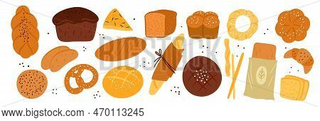Bread And Dough Products. Tasty Pastry Items. Different Types Baking. Wheat And Rye Buns. Whole Grai
