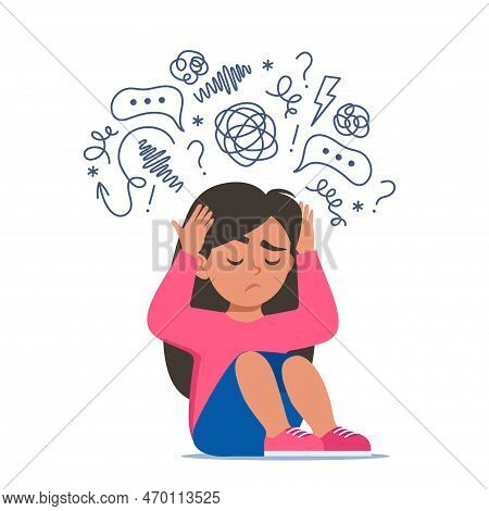 Sad Girl Sitting On Floor Surrounded By Stream Of Anxious Thoughts. Autism, Child Stress, Mental Dis