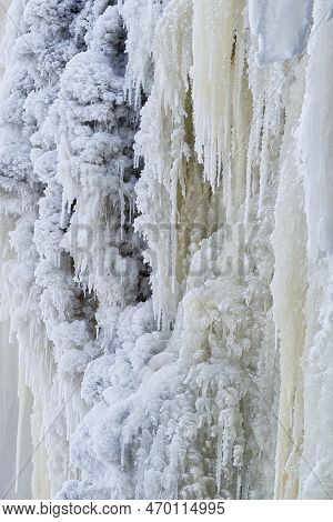 Frozen Small Mountain Waterfall Close Up. Frozen Jagala Falls, Estonia
