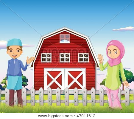 Illustration af en mandlig og en kvindelig muslim foran en barnhouse