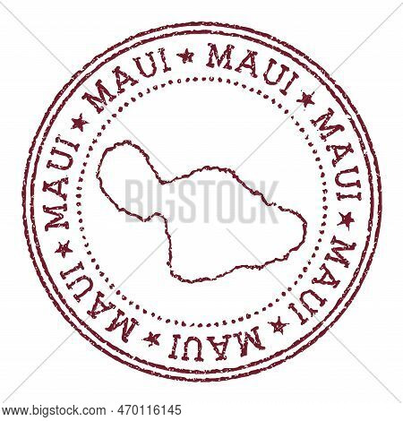 Maui Round Rubber Stamp With Island Map. Vintage Red Passport Stamp With Circular Text And Stars, Ve