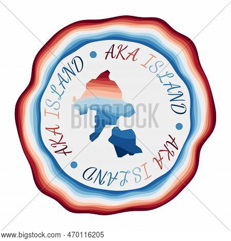 Aka Island Badge. Map Of The Island With Beautiful Geometric Waves And Vibrant Red Blue Frame. Vivid