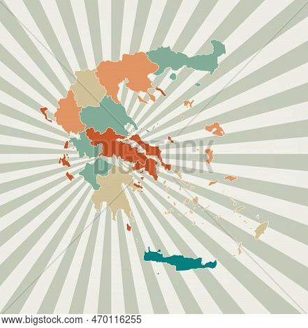 Greece Map. Poster With Map Of The Country In Retro Color Palette. Shape Of Greece With Sunburst Ray