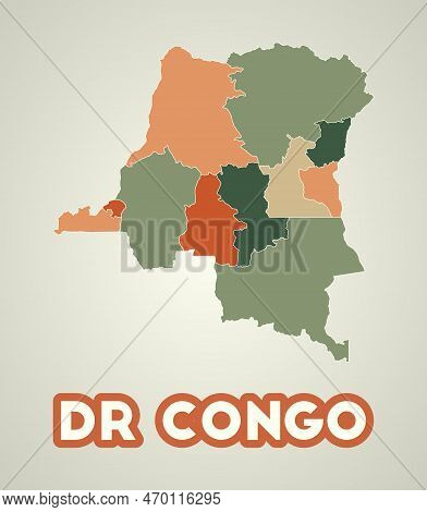 Dr Congo Poster In Retro Style. Map Of The Country With Regions In Autumn Color Palette. Shape Of Dr