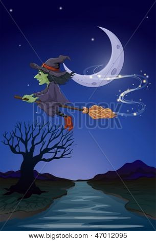 Illustration d'une sorcière voyageant avec son manche à balai dans le milieu de la nuit