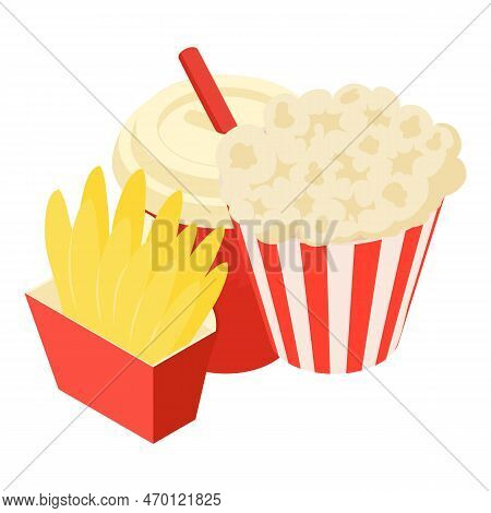 Fast Food Icon Isometric Vector. Popcorn Basket, French Frie And Refreshing Drink. Street Food, Unhe