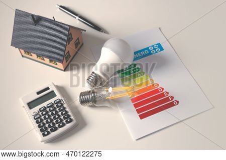 Energy Rating Chart With Light Bulbs. Energy Efficiency Concept. New Eu Energy Label, 2021 Classific