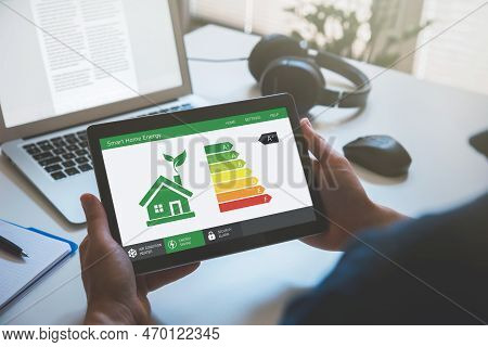 Energy Efficiency Mobile App On Screen. Ecology, Eco House Concept
