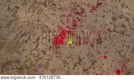 Splashing Gulal Or Abhir Pattern On Floor With Mixed Color. Gulal Color Detail With Attractive Rose 