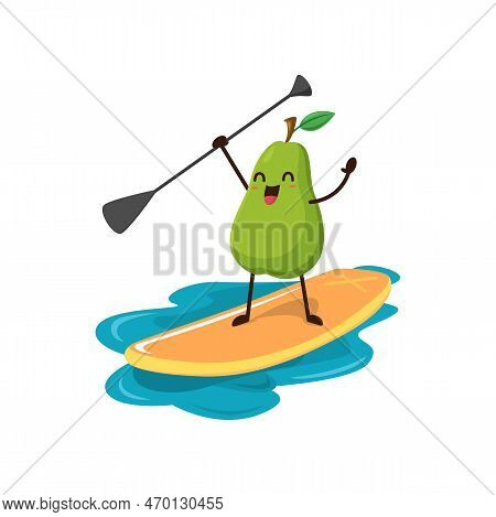 Cartoon Pear Fruit Character Float On Supboard With Paddle In Hand. Isolated Vector Food Personage P