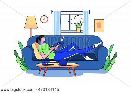 Girl Heaving Coffee And Relaxing On The Sofa