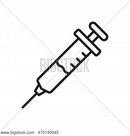 Syringe With Needle Line Icon. Vaccine Injection Pictogram. Medical Inject Outline Icon. Healthcare 