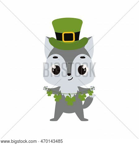Cute Wolf In Green Leprechaun Hat With Clover. Irish Holiday Folklore Theme. Cartoon Design For Card