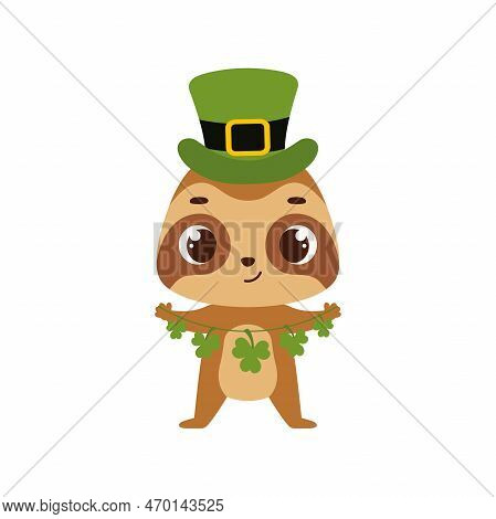 Cute Sloth In Green Leprechaun Hat With Clover. Irish Holiday Folklore Theme. Cartoon Design For Car