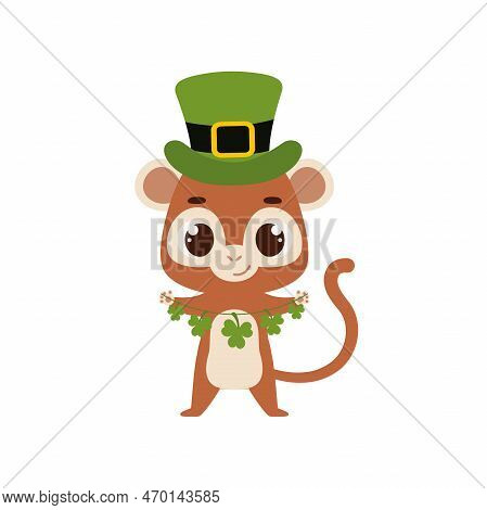 Cute Monkey In Green Leprechaun Hat With Clover. Irish Holiday Folklore Theme. Cartoon Design For Ca