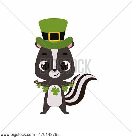 Cute Skunk In Green Leprechaun Hat With Clover. Irish Holiday Folklore Theme. Cartoon Design For Car