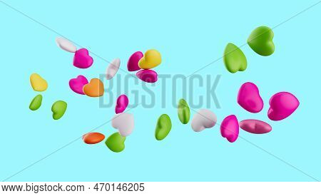 Candy Heart Shape Flying On Blue Background 3d Illustration