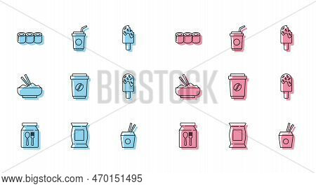 Set Line Online Ordering And Delivery, Bag Packet Potato Chips, Sushi, Asian Noodles Chopsticks, Cof