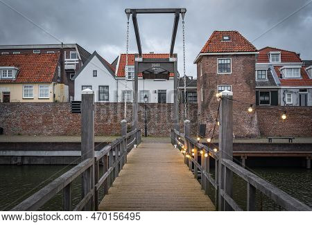 Historical Center Of Leerdam, View Of Wooden Bridge And Old City Wall