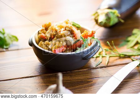 Eggplant Fried Sauteed With Other Vegetables In A Plate