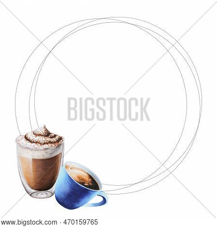 Watercolor Frame With Coffee Making Tools. Latte, Espresso, Americano, Cappuchino, Raff, Mocha. Hand