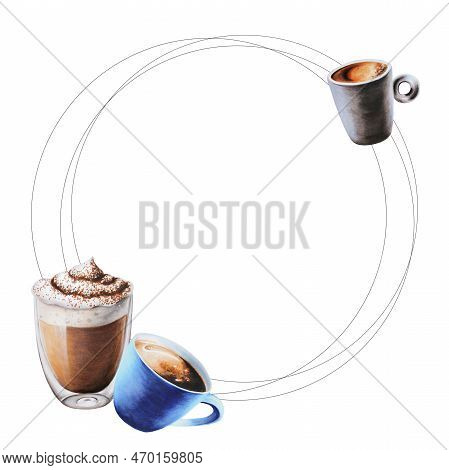 Watercolor Frame With Coffee Making Tools. Latte, Espresso, Americano, Cappuchino, Raff, Mocha. Hand