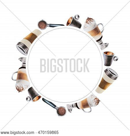Watercolor Frame With Coffee Making Tools. Latte, Espresso, Americano, Cappuchino, Raff, Mocha. Hand