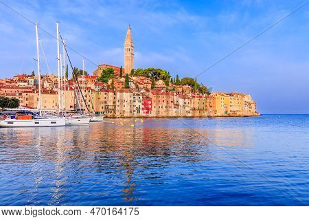 Rovinj, Croatia. Morning View Of Old Town On The Western Coast Of The Istrian Peninsula.