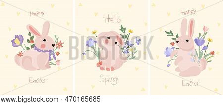 Composition With A Cute Rabbit, Spring Flowers, Green Leaves On The Inscription Spring. Bright Compo
