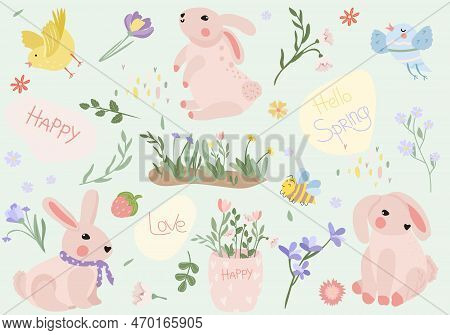 Spring Composition With A Cute Rabbit, Chickens, A Bouquet Of Flowers, A Bird, Green Leaves On The I