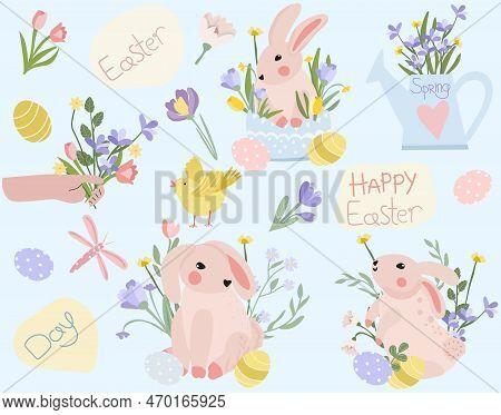 Happy Easter Greeting Card. Vector Illustration With Rabbit, Spring Bouquet, Easter Eggs, Chickens. 
