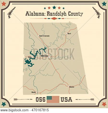 Large And Accurate Map Of Randolph County, Alabama, Usa With Vintage Colors.