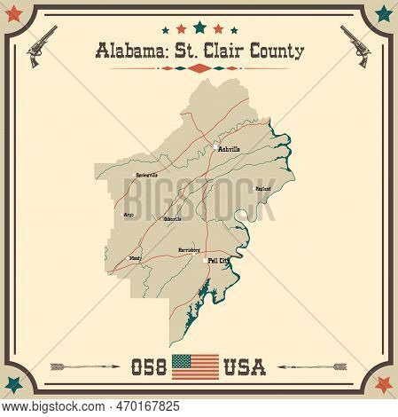 Large And Accurate Map Of Saint Clair County, Alabama, Usa With Vintage Colors.