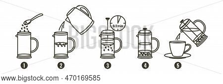 Tea Or Coffee Brewing Instruction. Tea, Coffee Making, Brew Process Icons.