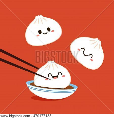 Cute Dim Sum Character, Traditional Chinese Dumplings, With Funny Smiling Faces. Kawaii Asian Food V