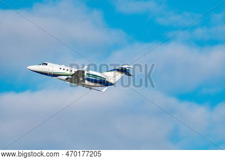 Zurich, Switzerland, January 20,2023 Hawker 900xp Business Aircraft Take Off From Runway 28 After Th