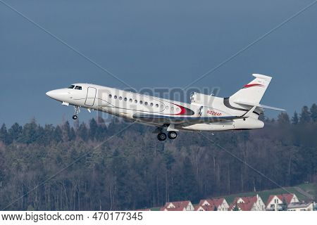 Zurich, Switzerland, January 20,2023 Dessault Falcon 7x Business Aircraft Takeoff From Runway 28 Aft