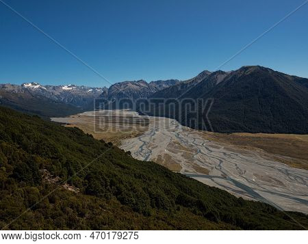 Alpine Mountain Valley Panorama Landscape With Braided River Waimakariri From Bealey Spur Track Arth