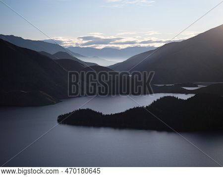 Panorama View Of Mountain Lake Nature Landscape On Benmore Peninsula And Waitaki River In Canterbury