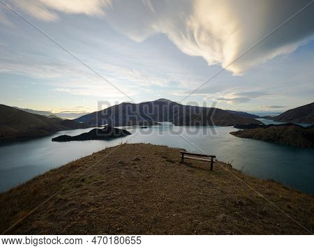 Panorama View Of Mountain Lake Nature Landscape On Benmore Peninsula And Waitaki River In Canterbury