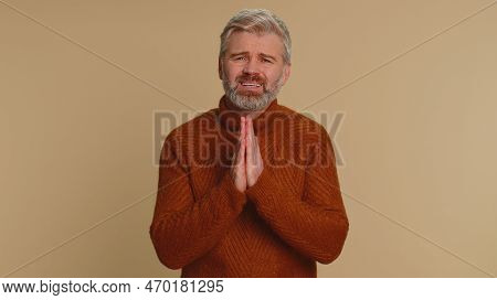 Please, God Help, Forgive Me. Middle-aged Old Man Praying, Looking Upward And Making Wish, Asking Wi