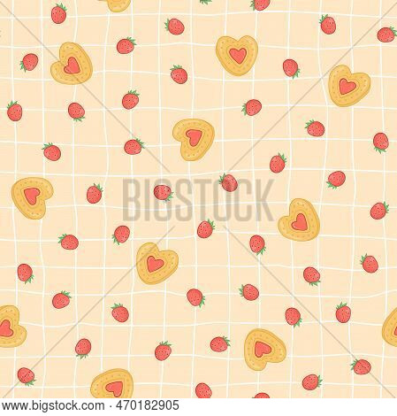Heart-shaped Strawberry Cookies Seamless Pattern. Sweet Dessert Vector Background. Valentines Day Ba
