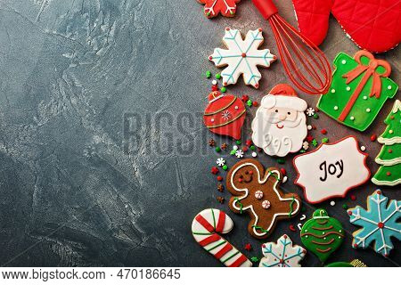 Christmas Gingerbread And Sugar Cookies Decorated With Royal Icing Background With Copy Space